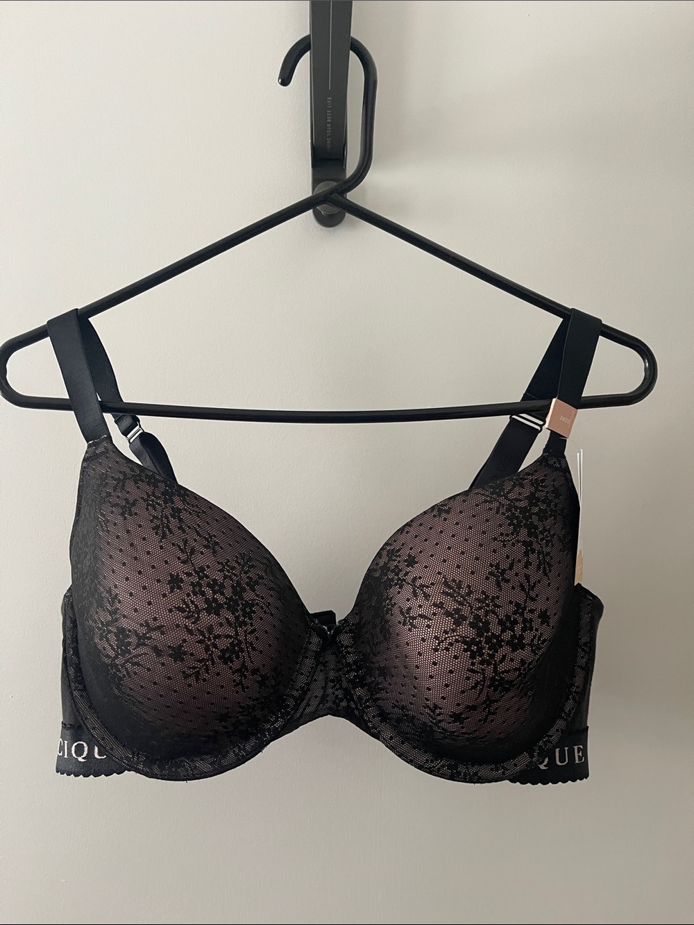 Cacique Black Lace Underwire Bra with Subtle Dot Overlay